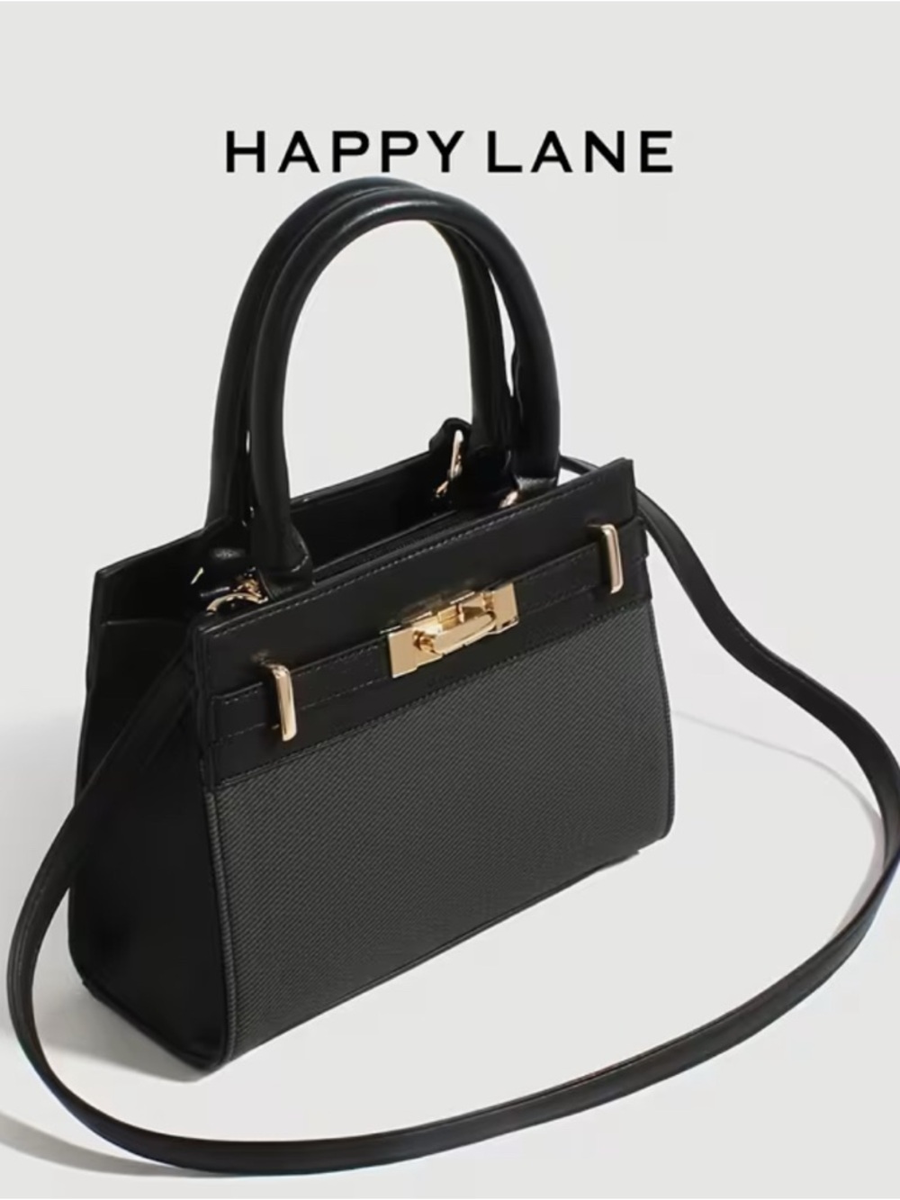 Happy Lane Black Mini Kelly Satchel Crossbody Bag Gold Turn-Lock PU Leather NWT - Picture 3 of 7